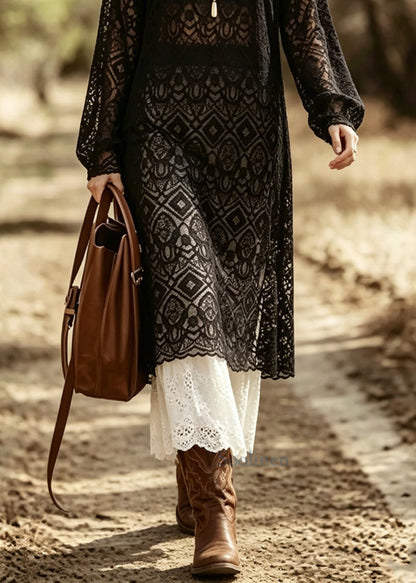 Boho Black Oversized Side Open Lace Two Piece Set Fall
