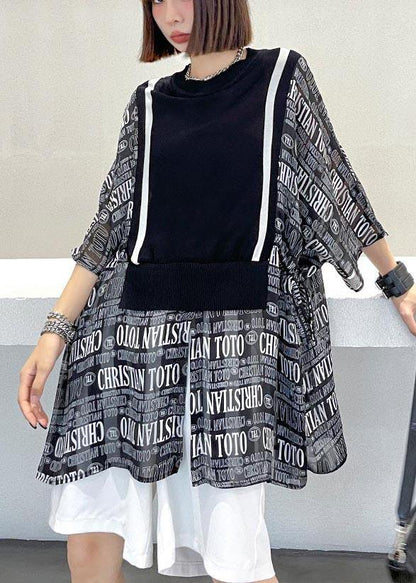 Boho Black Patchwork Graphic tie waist Blouse Tops Summer - SooLinen