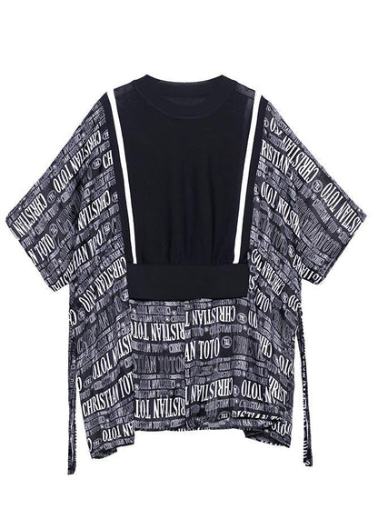 Boho Black Patchwork Graphic tie waist Blouse Tops Summer - SooLinen