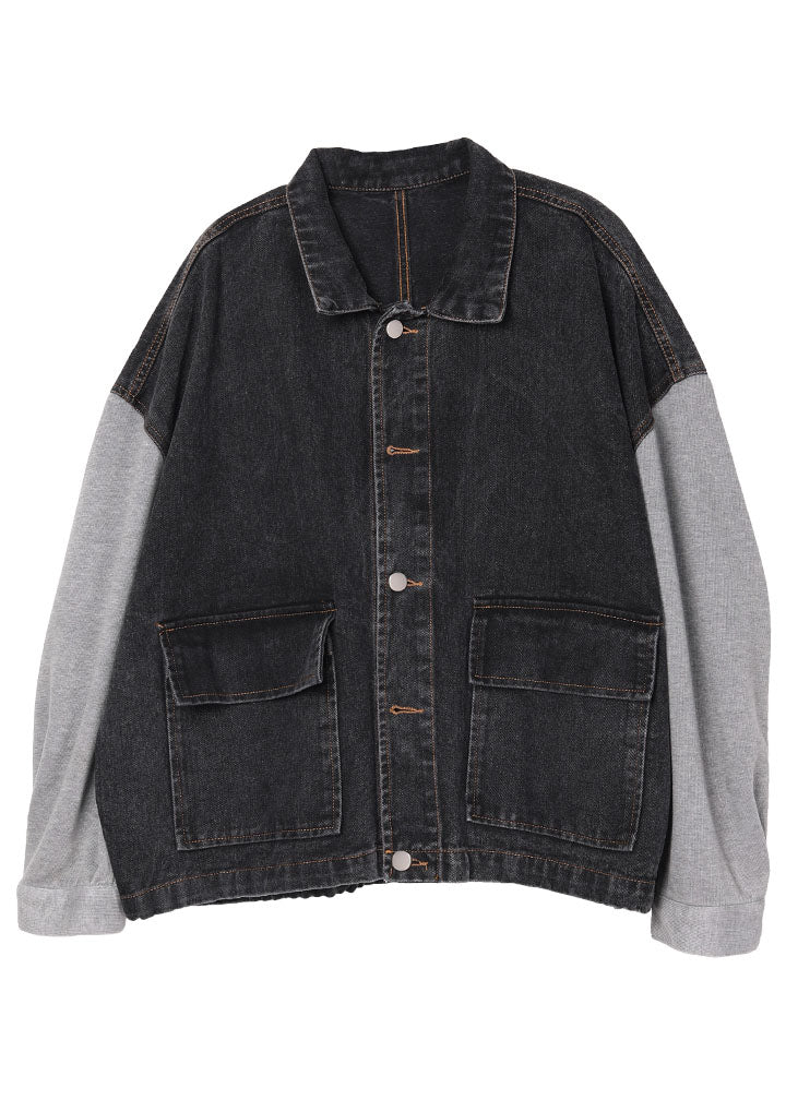 Boho Schwarze Patchwork-Taschen Herbst-Jeansjacken mit langen Ärmeln