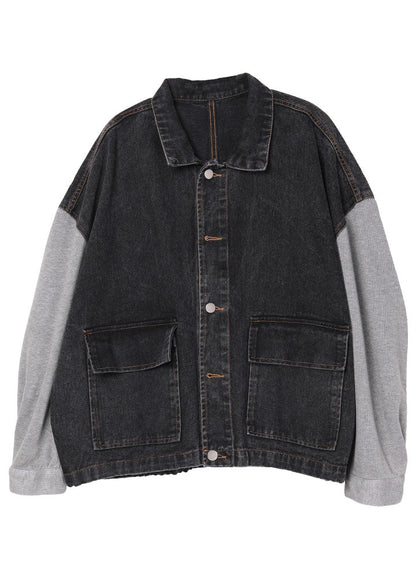 Boho Schwarze Patchwork-Taschen Herbst-Jeansjacken mit langen Ärmeln