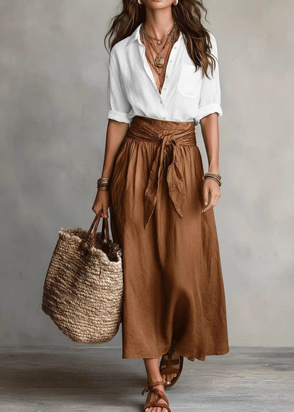 Boho Black Patchwork Shirts And Maxi Skirts Two Piece Set Long Sleeve