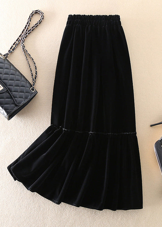 Boho Schwarz Patchwork Seidenveloursrock Frühling