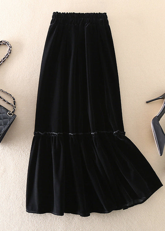 Boho Schwarz Patchwork Seidenveloursrock Frühling