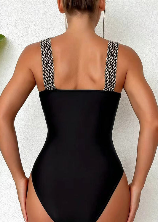 Boho Black Patchwork Silm Fit Swimwear Bodysuit