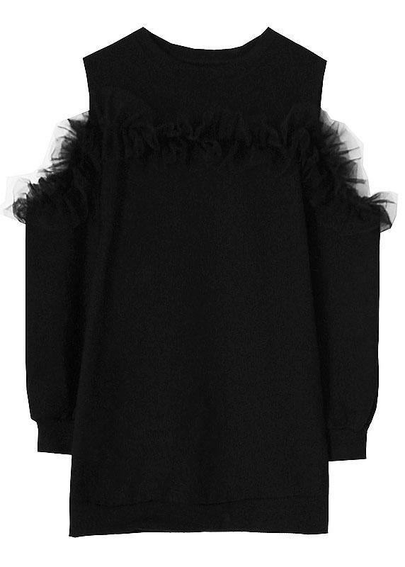 Boho Black Patchwork Tulle Cold Shoulder Long sleeve Pullover Sweatshirt - SooLinen