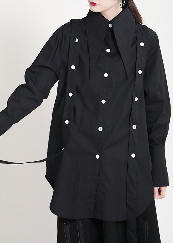 Boho Schwarz Peter Pan Kragen Knopf Asymmetrisches Design Patchwork Herbst Shirts Langarm