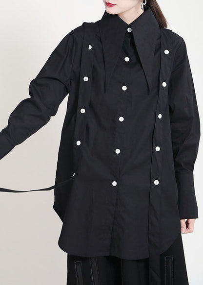 Boho Schwarz Peter Pan Kragen Knopf Asymmetrisches Design Patchwork Herbst Shirts Langarm