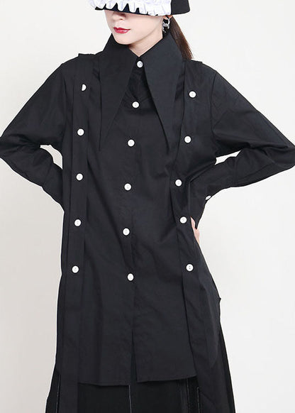 Boho Schwarz Peter Pan Kragen Knopf Asymmetrisches Design Patchwork Herbst Shirts Langarm
