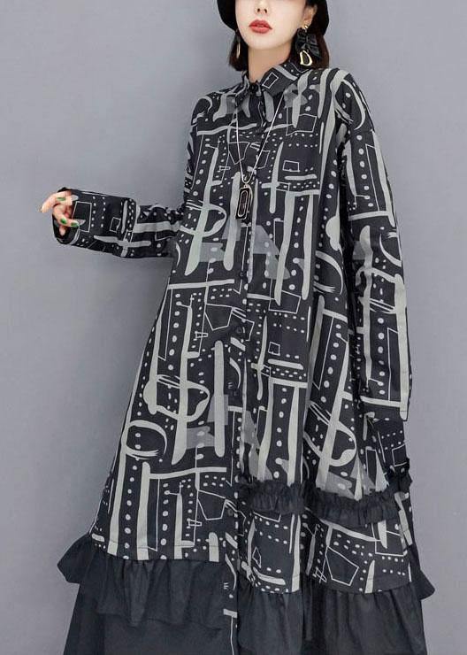 Boho Black Peter Pan Collar Button Print Asymmetrical Design Dress Fall Long Sleeve - SooLinen