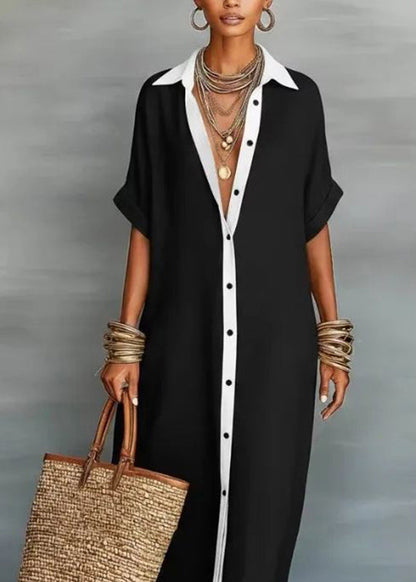 Boho Black Peter Pan Collar Patchwork Holiday Long Shirts Dress Summer