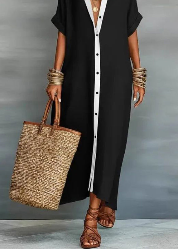 Boho Black Peter Pan Collar Patchwork Holiday Long Shirts Dress Summer