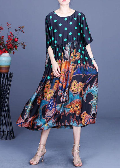 Boho Black Print O-Neck Half Sleeve Silk Vacation Dresses Summer - SooLinen