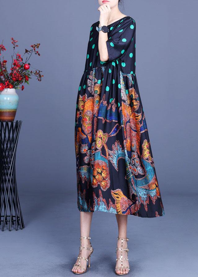 Boho Black Print O-Neck Half Sleeve Silk Vacation Dresses Summer - SooLinen
