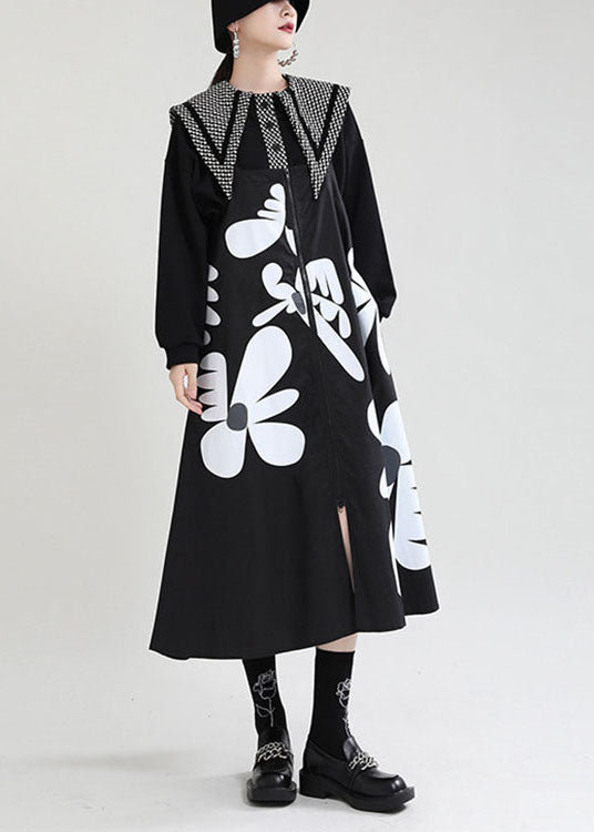 Boho Black Print Patchwork asymmetrisches Design mit Reißverschluss Herbstkleid