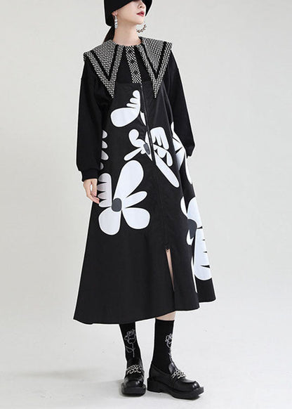 Boho Black Print Patchwork asymmetrisches Design mit Reißverschluss Herbstkleid