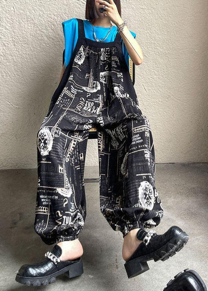 Boho Black Print Pockets carpenter pants Pants - SooLinen