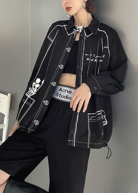 Boho Schwarz Print Kordelzug Knopf Herbst Langarmshirts