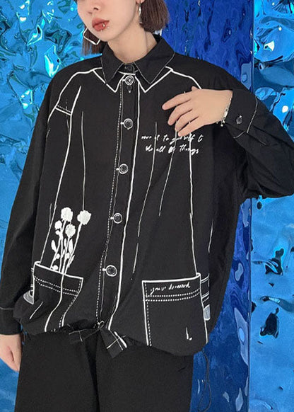 Boho Schwarz Print Kordelzug Knopf Herbst Langarmshirts