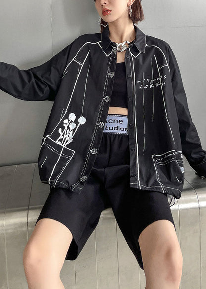 Boho Schwarz Print Kordelzug Knopf Herbst Langarmshirts