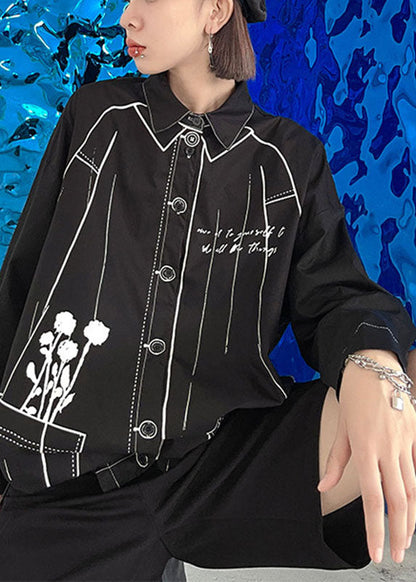 Boho Schwarz Print Kordelzug Knopf Herbst Langarmshirts