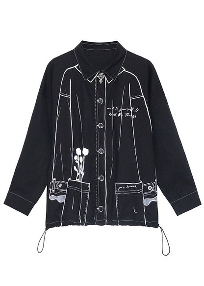 Boho Schwarz Print Kordelzug Knopf Herbst Langarmshirts