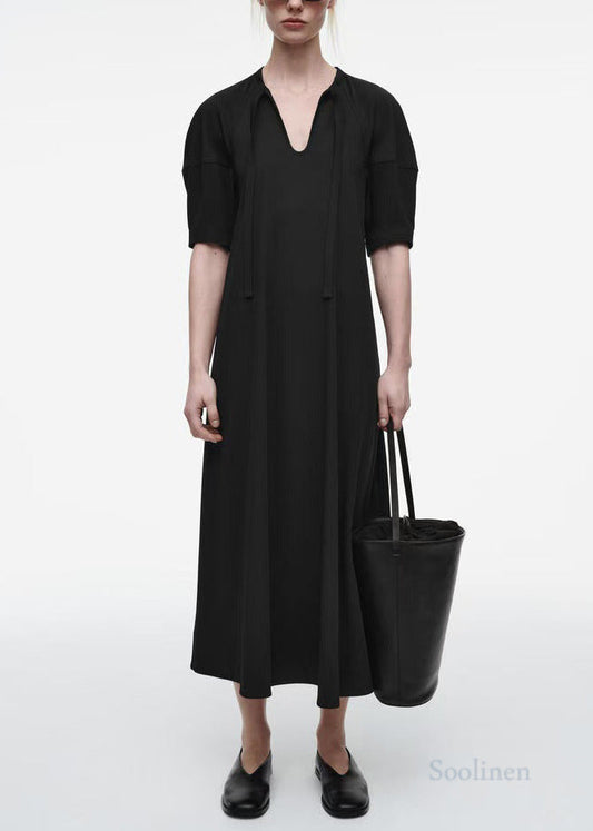 Boho Black Puff Sleeve Tie Waist Cotton Party Dress