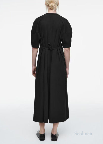 Boho Black Puff Sleeve Tie Waist Cotton Party Dress
