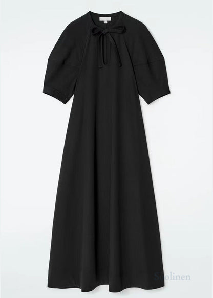 Boho Black Puff Sleeve Tie Waist Cotton Party Dress