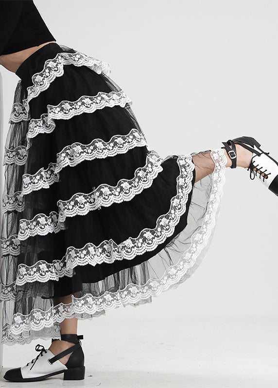 Boho Schwarz Rüschen Patchwork Tüll Rock Frühling