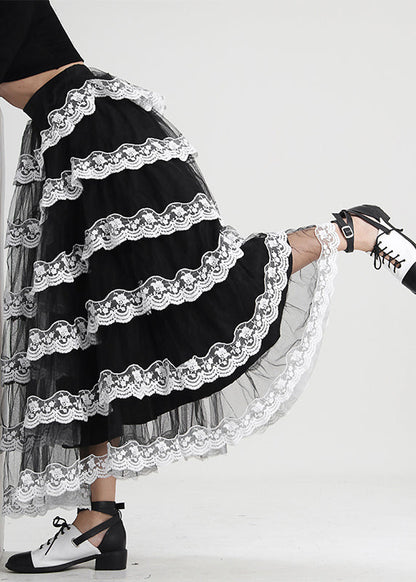 Boho Schwarz Rüschen Patchwork Tüll Rock Frühling