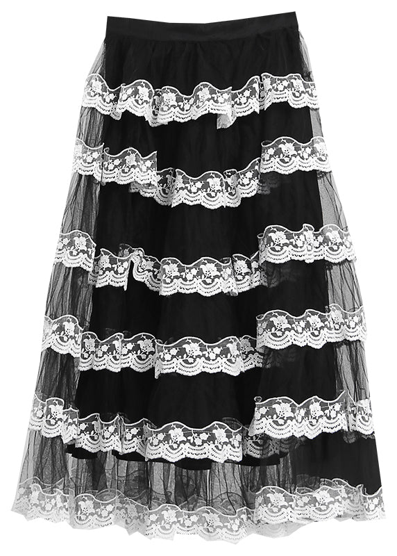 Boho Schwarz Rüschen Patchwork Tüll Rock Frühling