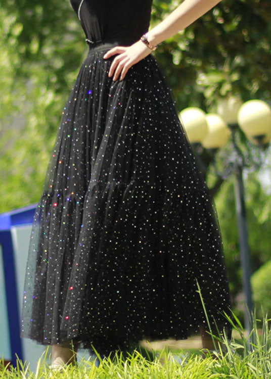 Boho Schwarz Pailletten Patchwork Tüllrock Frühling