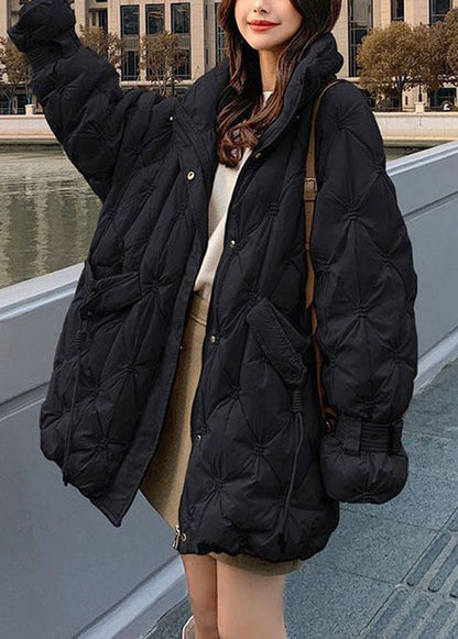 Boho Schwarz Stehkragen Zip Up Bestickte Entendaunenjacken Winter