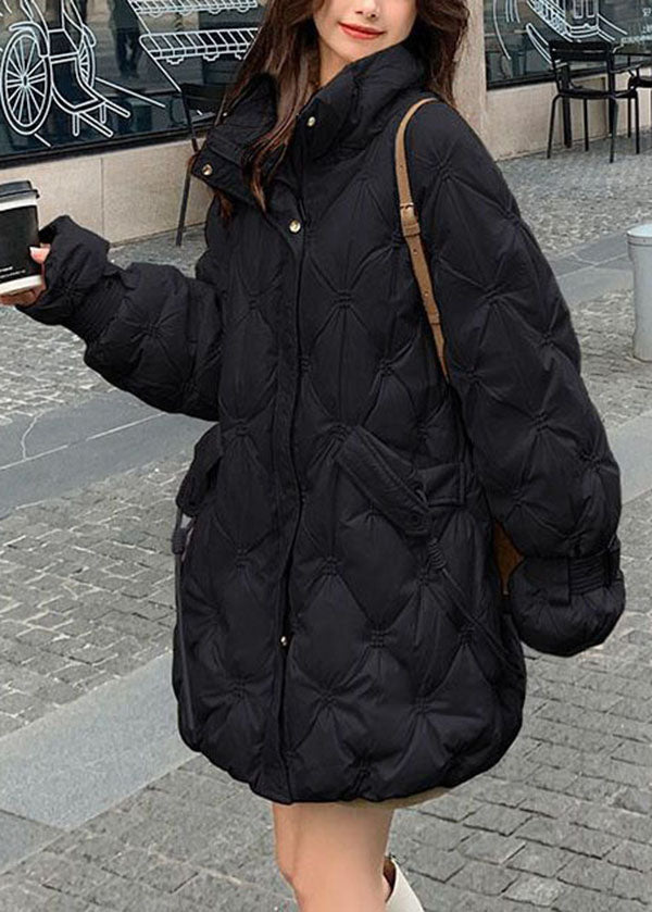 Boho Schwarz Stehkragen Zip Up Bestickte Entendaunenjacken Winter