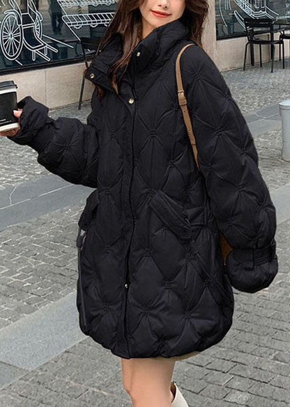 Boho Schwarz Stehkragen Zip Up Bestickte Entendaunenjacken Winter