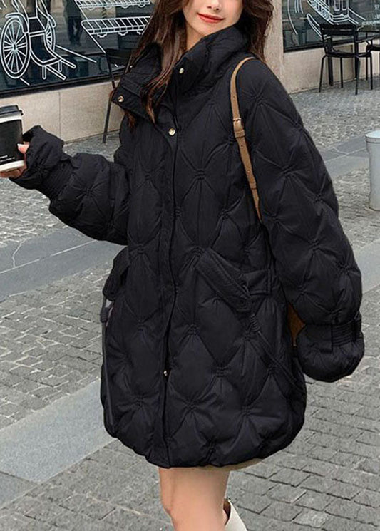 Boho Schwarz Stehkragen Zip Up Bestickte Entendaunenjacken Winter