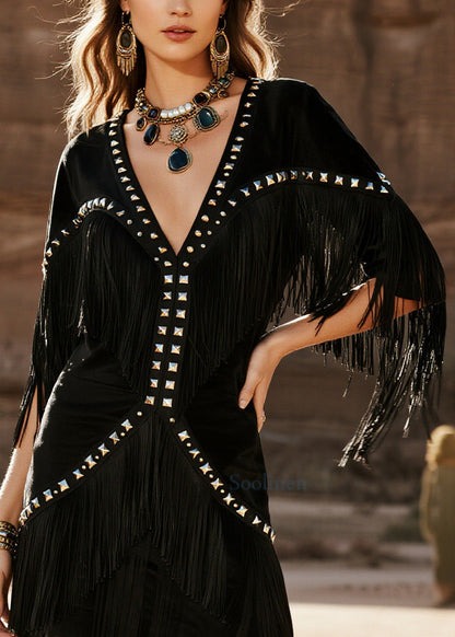 Boho Black Tasseled Rivet Cotton Holiday Dress Summer
