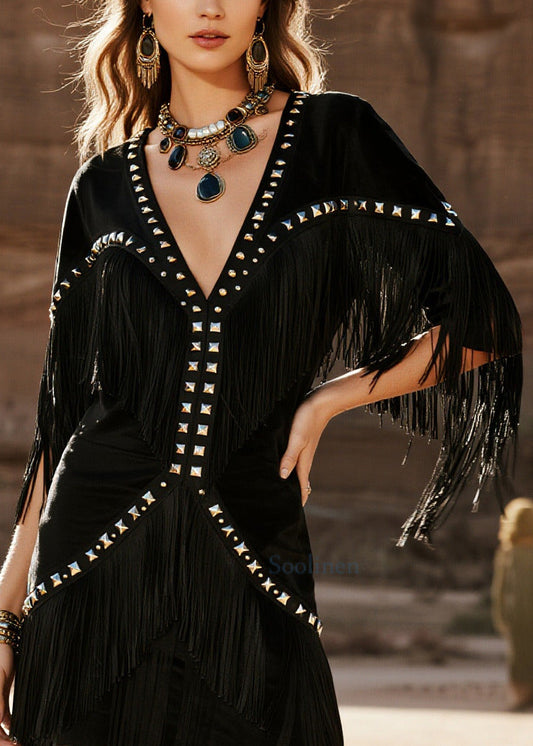 Boho Black Tasseled Rivet Cotton Holiday Dress Summer