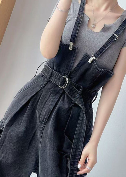 Boho Black Tunic Pockets Denim Overalls Jumpsuit Summer