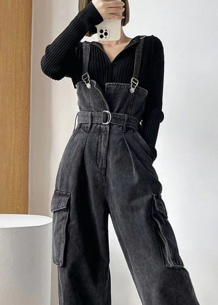 Boho Black Tunic Pockets Denim Overalls Jumpsuit Summer