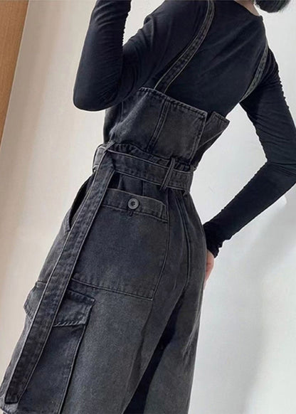 Boho Black Tunic Pockets Denim Overalls Jumpsuit Summer
