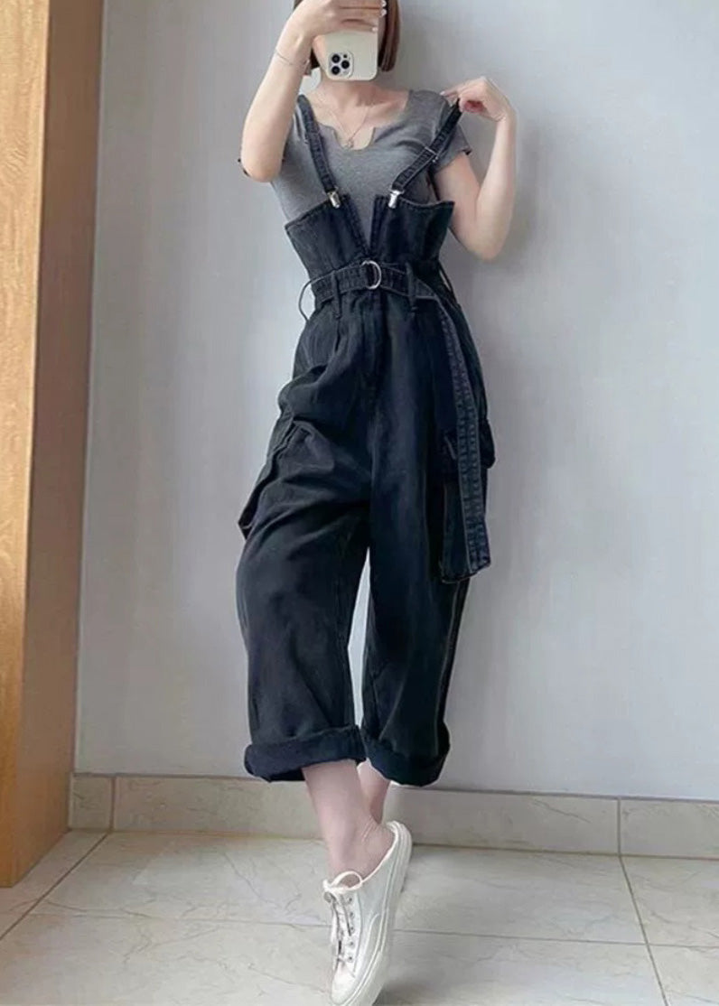 Boho Black Tunic Pockets Denim Overalls Jumpsuit Summer