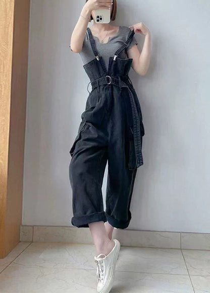 Boho Black Tunic Pockets Denim Overalls Jumpsuit Summer