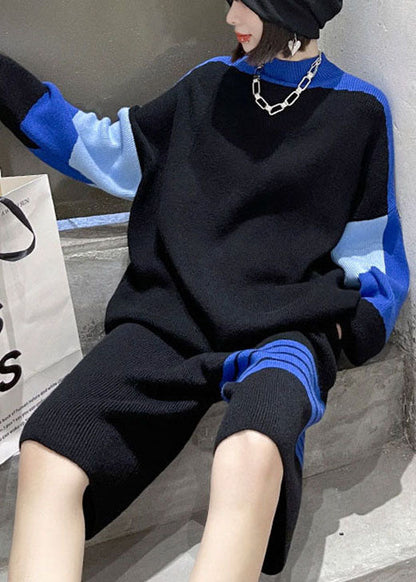 Boho Schwarzer Rollkragen Jacquard Lässiges Langarm-Zweiteiler-Set für den Herbst