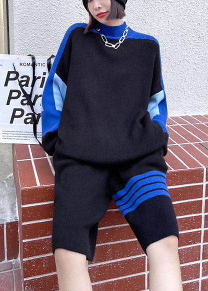 Boho Schwarzer Rollkragen Jacquard Lässiges Langarm-Zweiteiler-Set für den Herbst