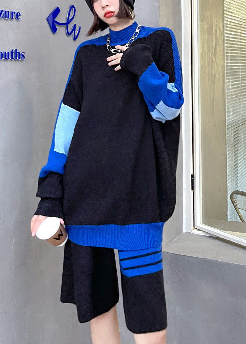 Boho Schwarzer Rollkragen Jacquard Lässiges Langarm-Zweiteiler-Set für den Herbst