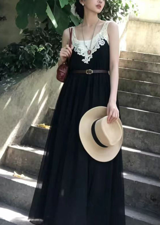 Boho Black V Neck Patchwork Lace Vacation Dresses Sleeveless