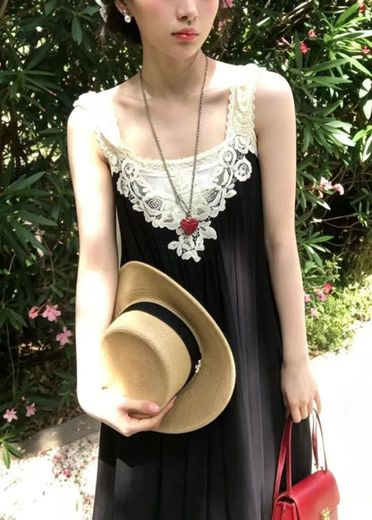 Boho Black V Neck Patchwork Lace Vacation Dresses Sleeveless