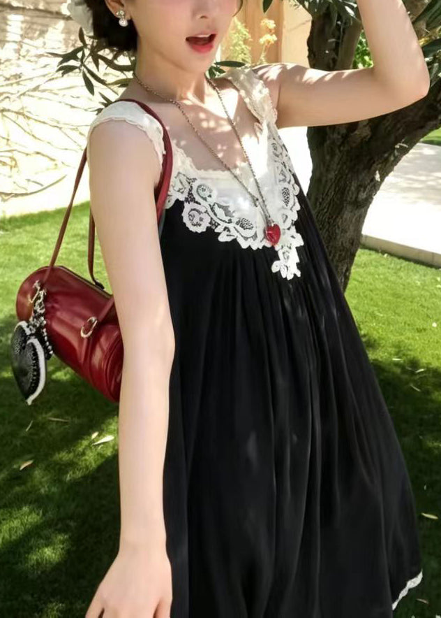 Boho Black V Neck Patchwork Lace Vacation Dresses Sleeveless